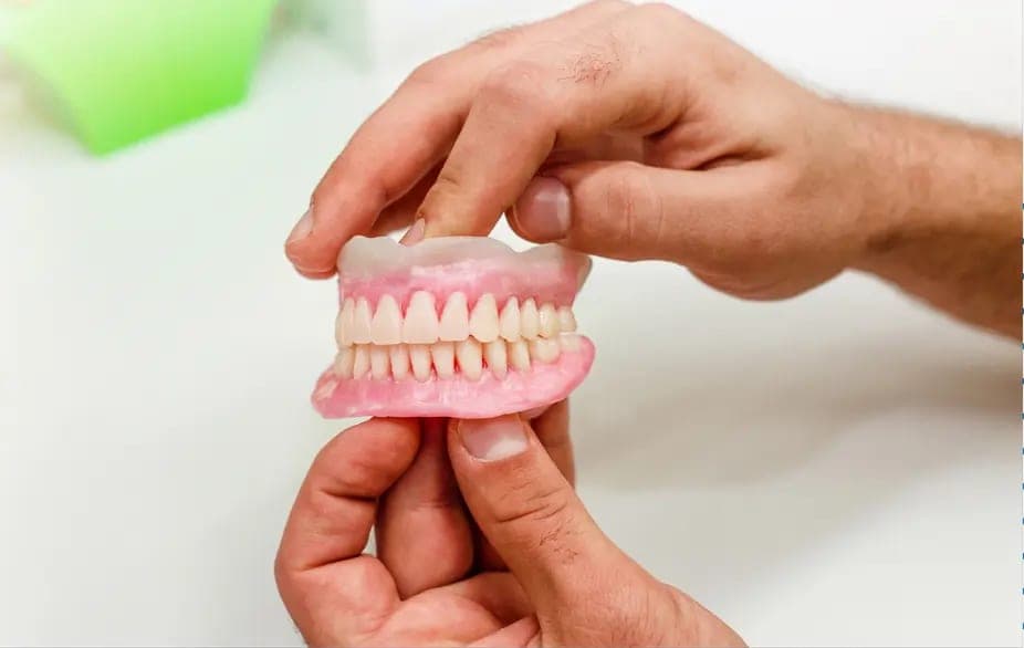 Hands holding a complete upper and lower denture
