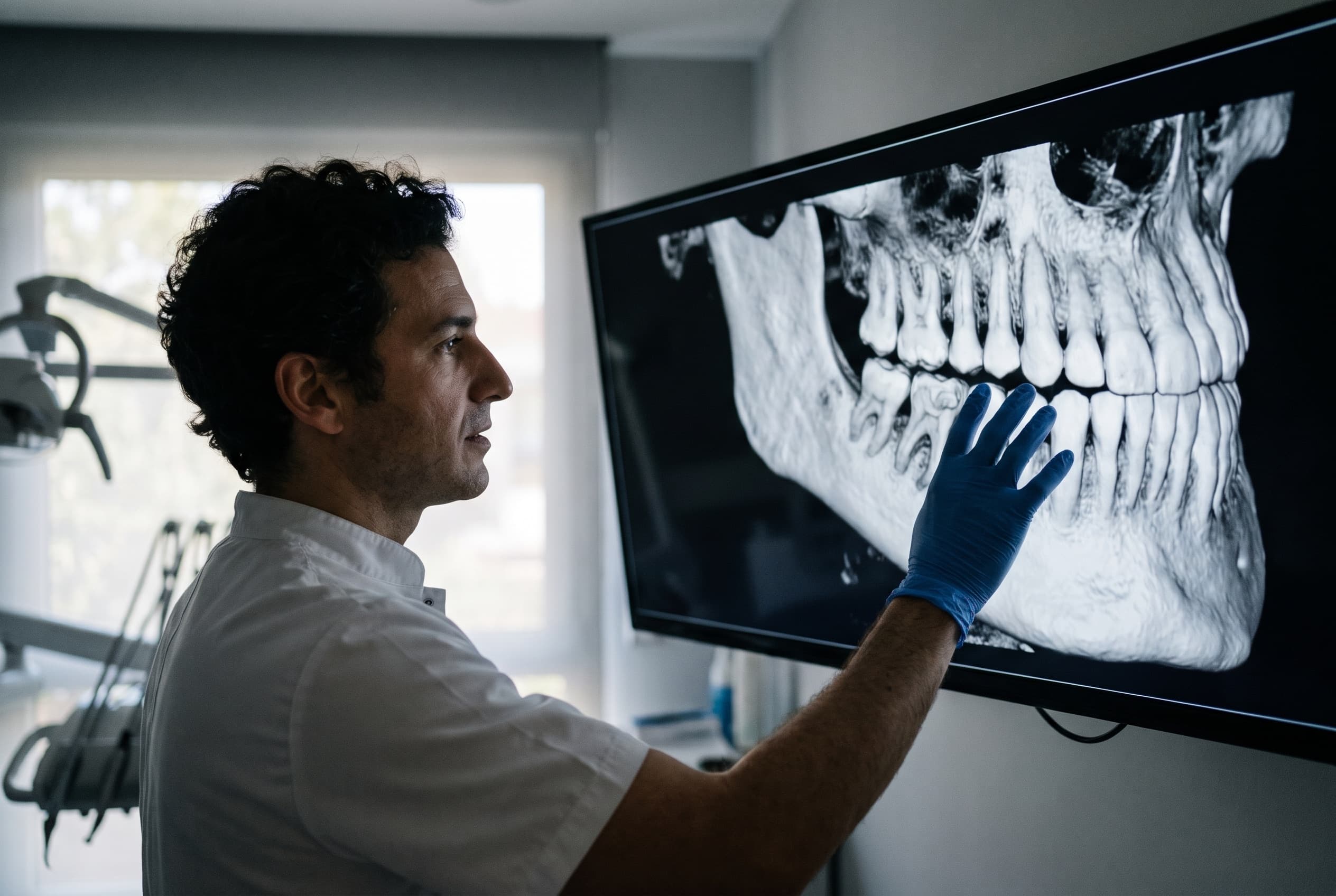 A dentist reading a three-dimensional cone-beam CT scan of a jaw on a large screen, hand raised to a lower molar site