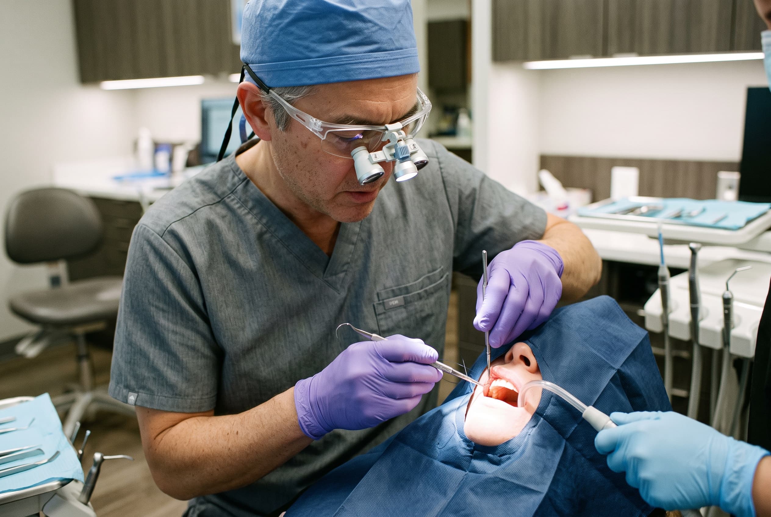 A clinician working under loupes with fine instruments, the surgical field framed by a sterile drape