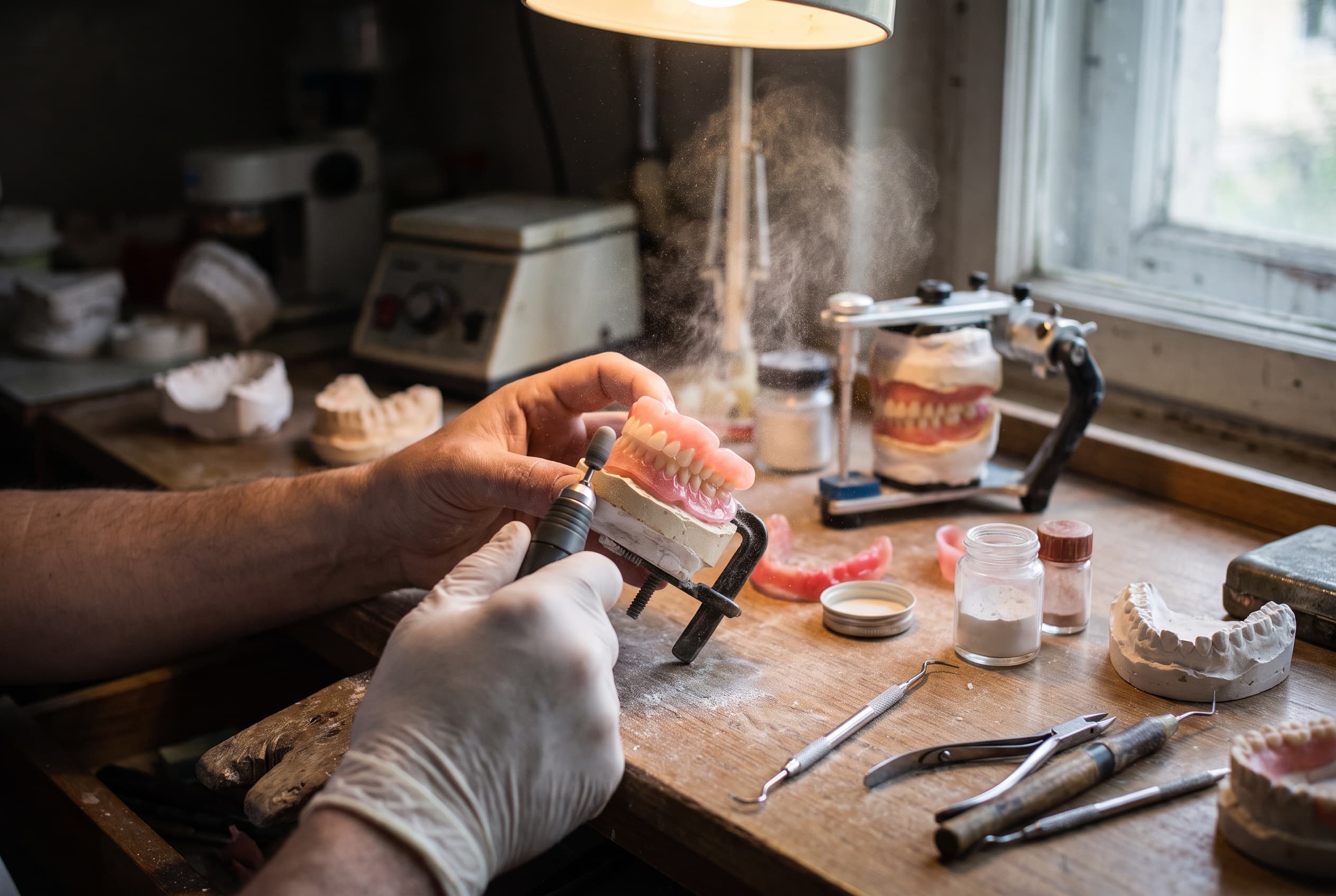 A technician trimming a finished upper denture at the lab bench