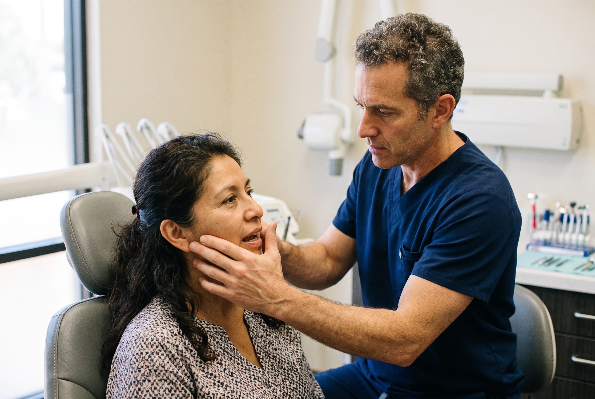 A dentist feeling a patient's jaw joint with his fingertips as she opens, during a consultation