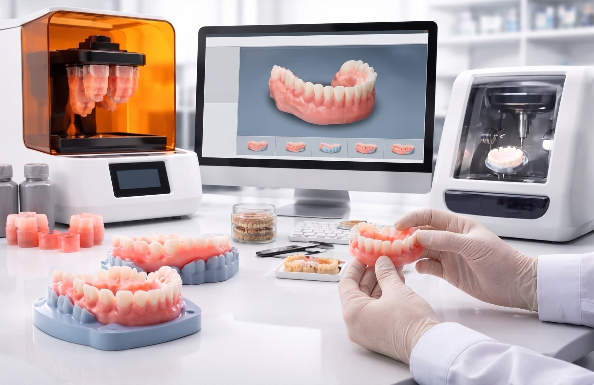 A technician holding a full denture at a lab bench, cast models and a design on the monitor behind