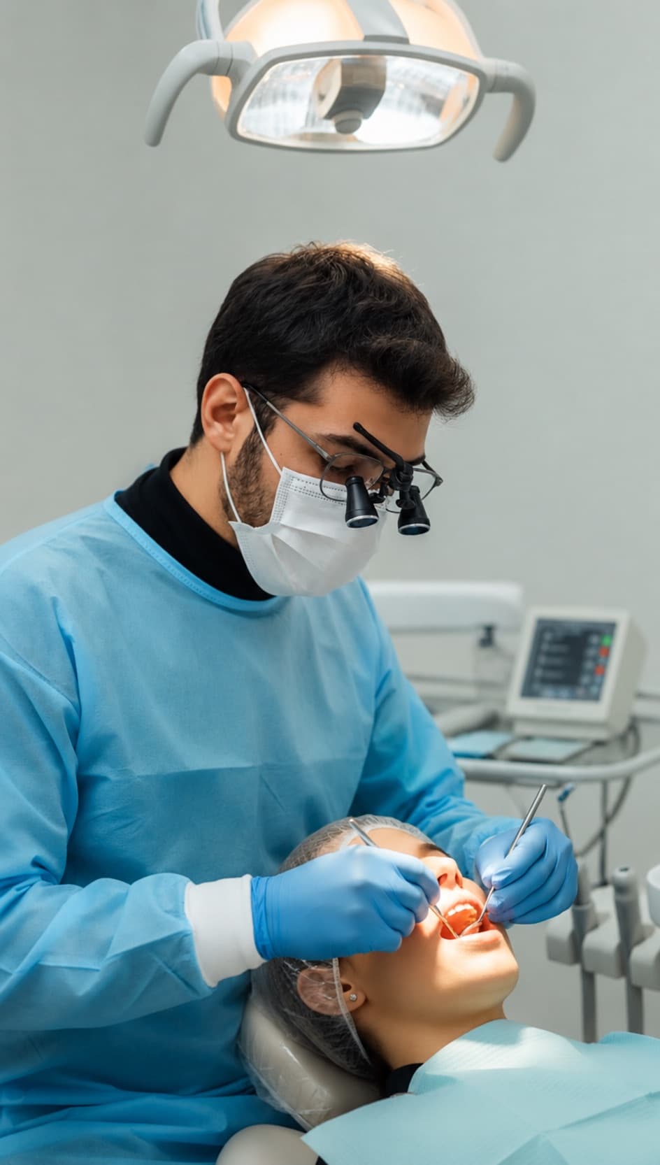 A dentist in magnifying loupes working at the chair under the overhead light