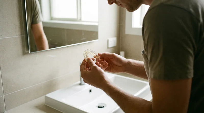 Person examining a worn, compressed night guard for signs of flattening and wear at home
