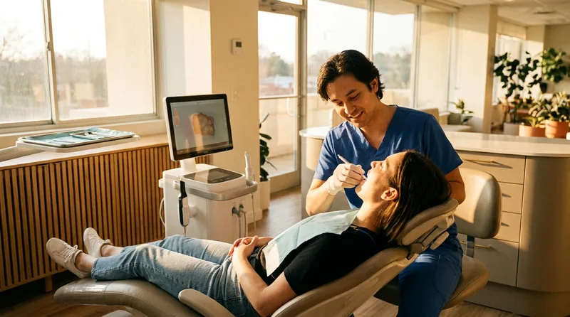 Dentist examining a patient's gums and teeth to evaluate candidacy for porcelain veneers