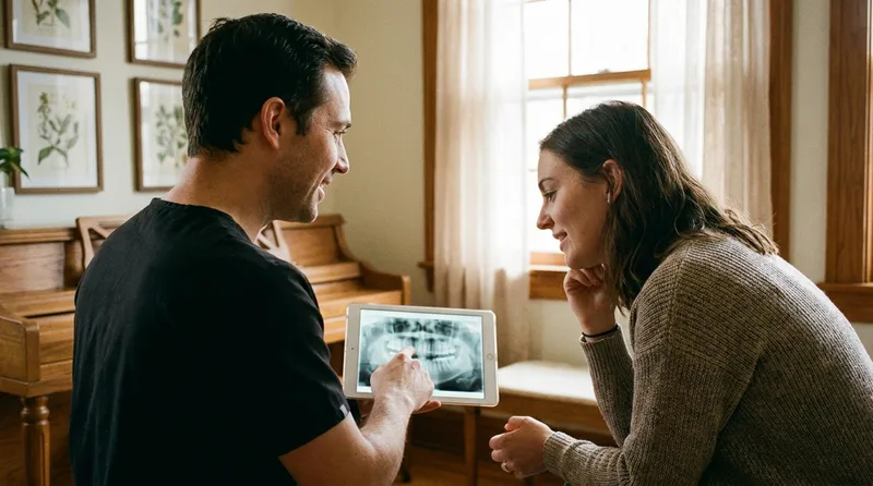 Dentist and patient reviewing an X-ray together to evaluate a dental implant concern