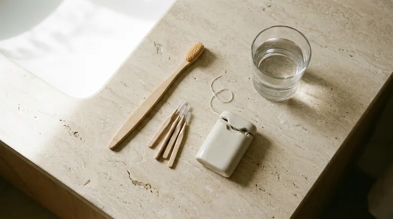 Soft toothbrush, interdental brushes, and floss laid out as a daily gum care routine