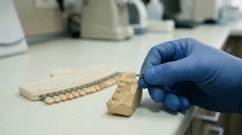 Composite shade guide and filling materials laid out on a clinical tray for shade matching