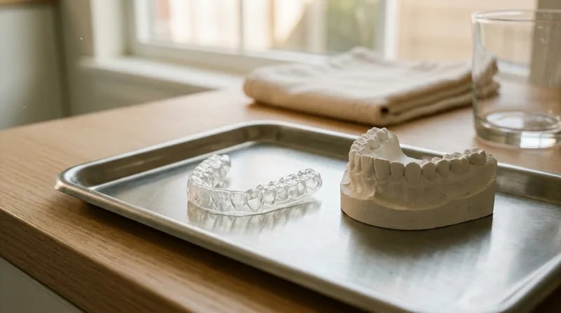 Custom-fitted clear sports mouthguard on a clinical tray beside a dental model of a child's teeth