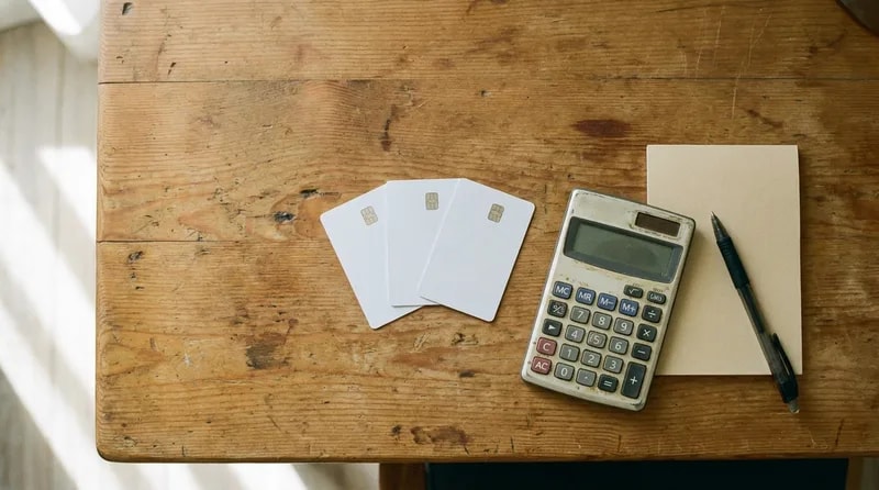 Three unmarked payment cards laid out with a calculator while comparing dental financing offers