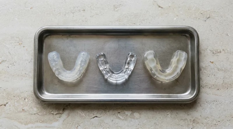Soft, hard, and dual-layer night guards laid side by side showing differences in thickness