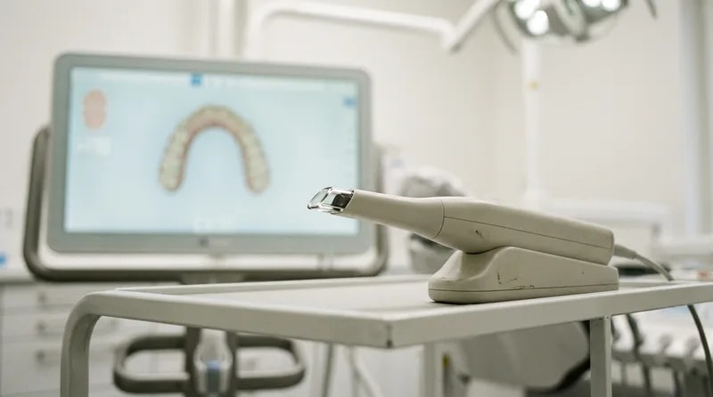 Intraoral scanner wand in its cradle beside a screen showing a digital model of the teeth