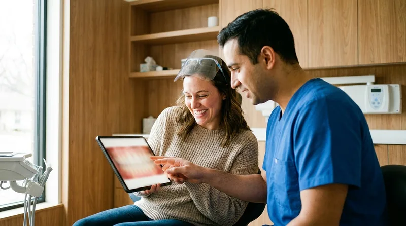 Patient and dentist reviewing a digital smile design preview on a tablet before treatment