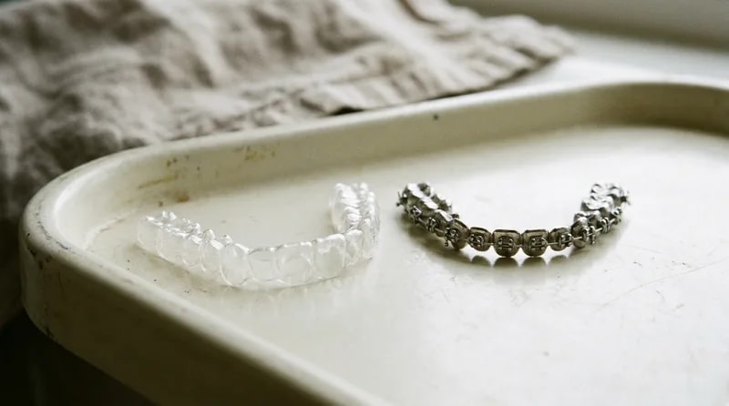 Close-up comparison of a clear Invisalign aligner next to traditional metal braces