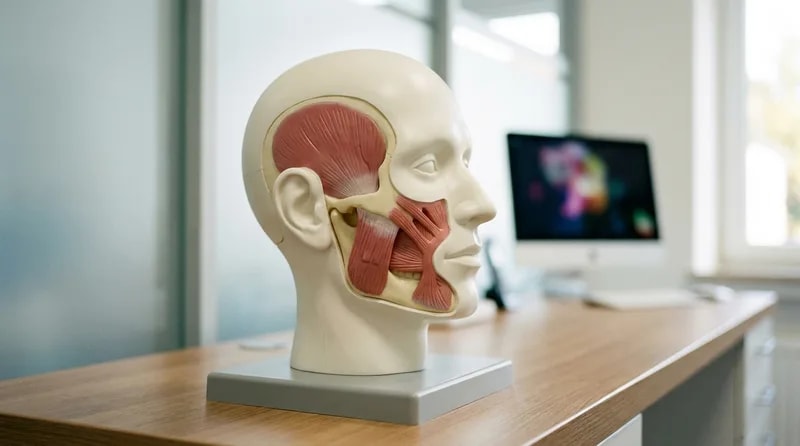 Anatomical jaw model showing the broad chewing muscle that runs from cheekbone to jaw angle