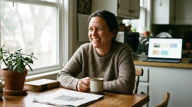 Adult smiling with bright teeth while drinking coffee at a kitchen table