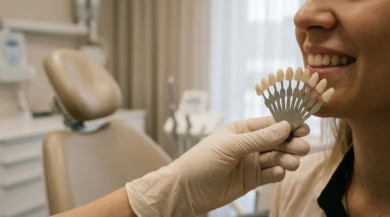 Dentist holding a tooth shade guide next to a patient's smile to compare whitening results