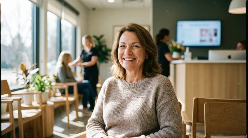 Adult patient smiling confidently in a bright modern dental office reception area