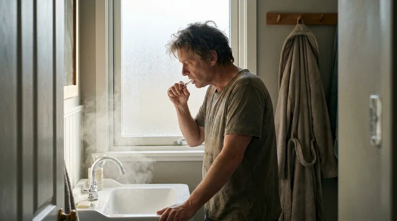 Patient brushing teeth at home as part of a daily oral hygiene routine