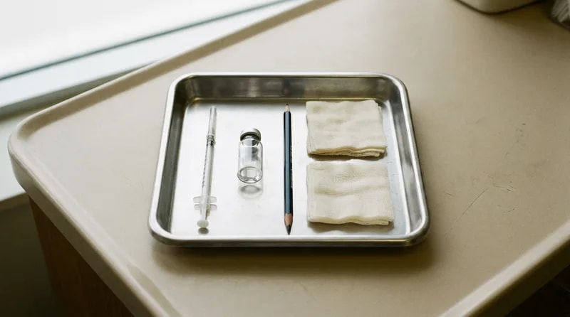Fine-gauge syringe, vial, and marking pencil laid out on a sterile tray for a jaw muscle treatment