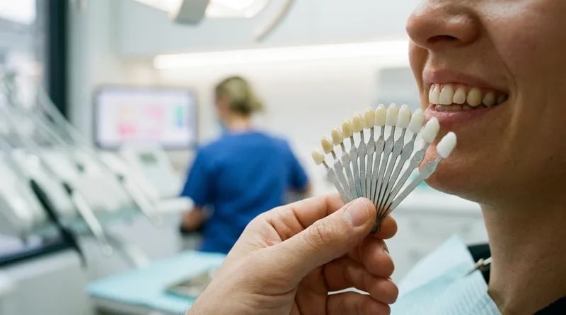 Dental shade guide used to measure teeth whitening progress against a natural smile