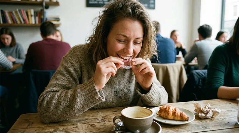 Adult patient removing a clear aligner tray before eating at a cafe