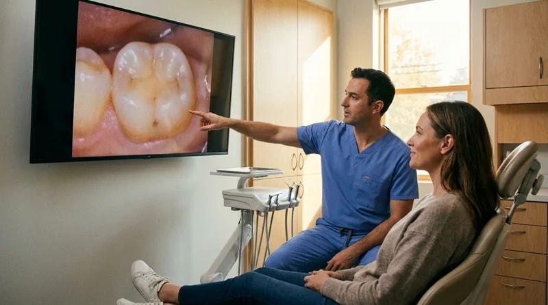 Dentist and patient reviewing an existing filling on a chairside screen before deciding to replace it