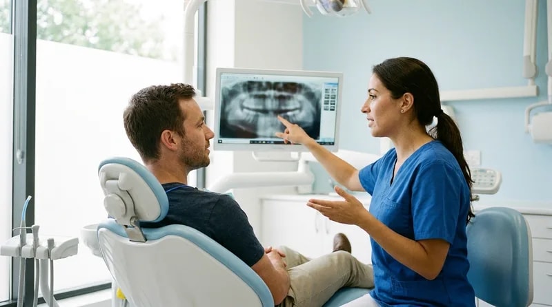 Dentist reviewing a digital dental x-ray with a patient in Van Nuys
