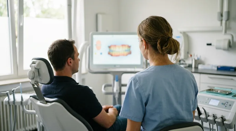 Dentist and patient reviewing a 3D digital smile scan together on a chairside monitor
