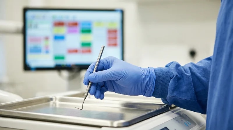 Gloved hand holding a periodontal probe used to measure gum pocket depths during an exam