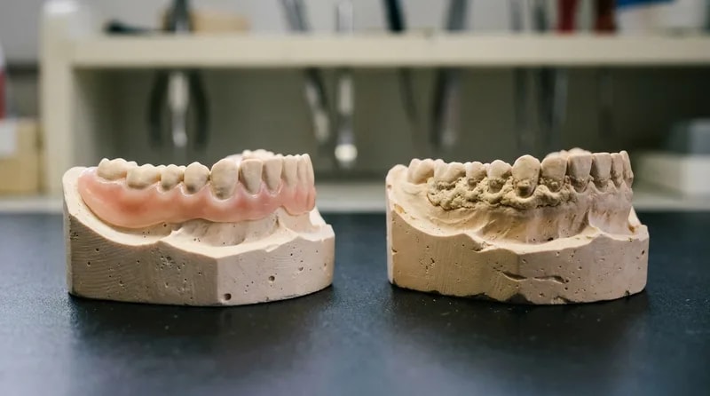 Two dental models compared showing a clean gumline beside one with hardened deposit built up