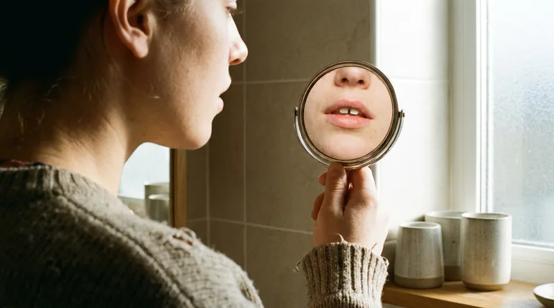 Person checking a small chip on their front tooth using a hand mirror at home