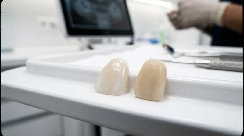Porcelain and composite dental veneer shells shown side by side on a dental tray