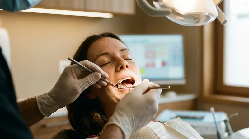 Dentist examining a patient's gums for signs of periodontal disease during a routine exam
