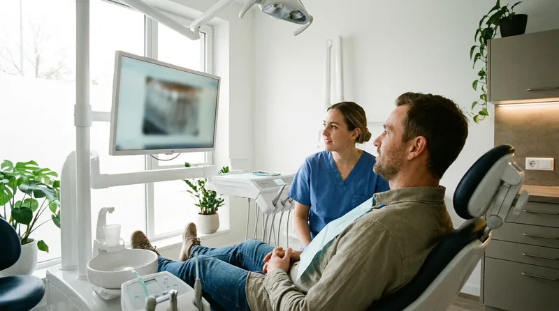 Dentist consulting with a patient about periodontics treatment options using a chairside monitor