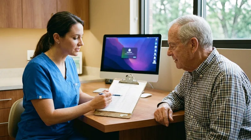Dentist reviewing a senior patient's medication list during a senior dental care consultation