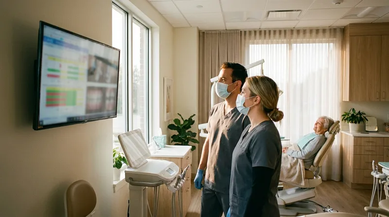 Dental team performing a routine oral health screening for a senior patient
