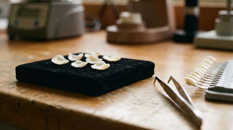 Thin translucent porcelain veneer shells on a lab bench beside tweezers and a shade guide