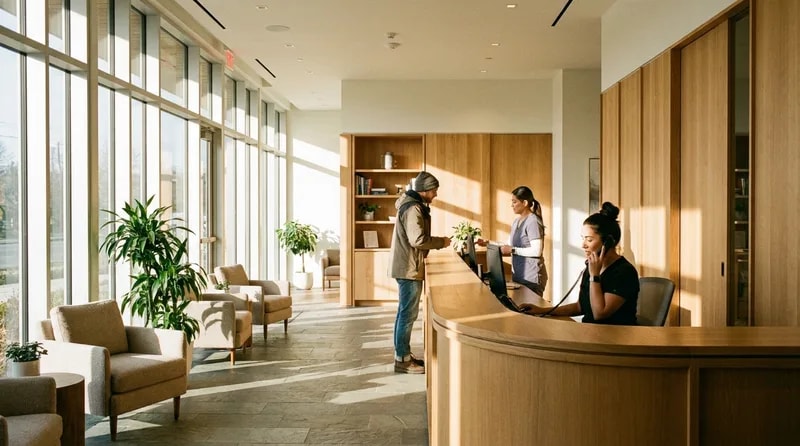 Dental practice reception team taking an urgent same-day call in a bright modern waiting area