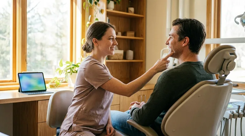 Dentist consulting with a patient about jaw discomfort and grinding symptoms in a treatment room