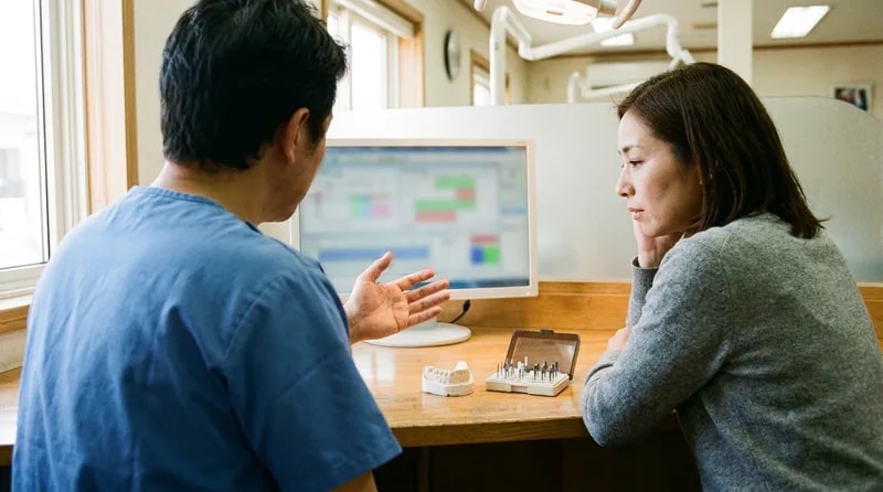 Dentist and patient comparing contouring against bonding and veneers at a chairside screen