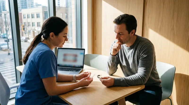 Dentist and patient comparing Invisalign and traditional braces options during a consultation