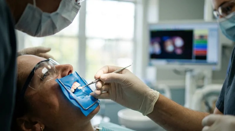 Close-up of a dentist applying dental bonding material to a patient's front tooth