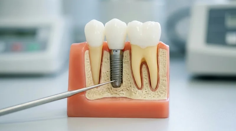 Cutaway dental model showing an implant post anchored in the jaw bone beneath a crown