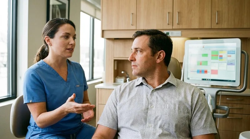 Dentist discussing gum measurements and treatment suitability with a patient at the chairside