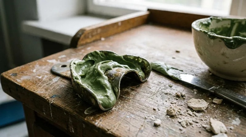 Traditional impression tray loaded with putty beside a mixing bowl on a laboratory bench