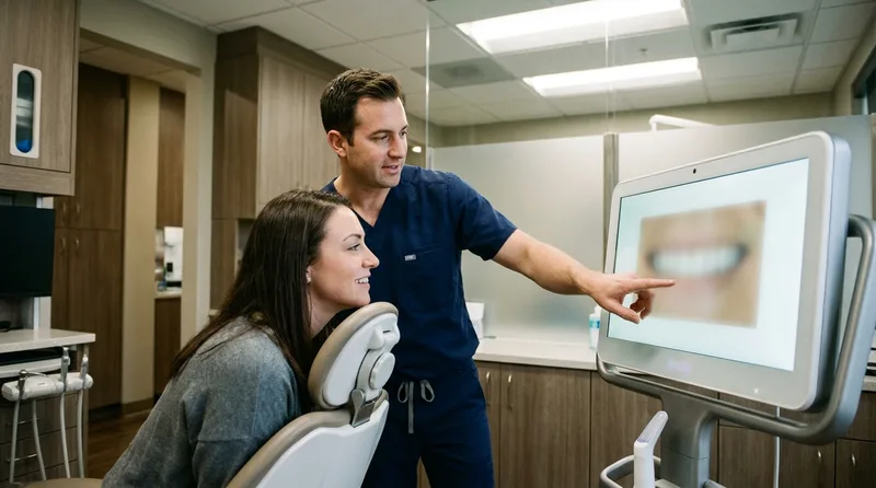 Cosmetic dentist reviewing a digital smile simulation with a patient before starting veneer treatment