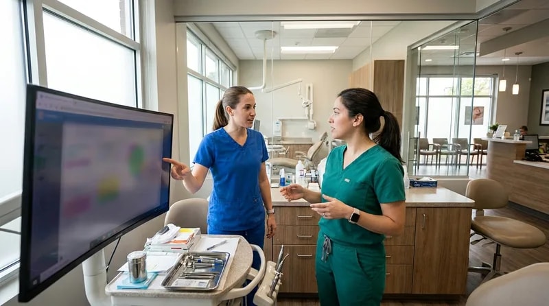 Two dental clinicians reviewing a patient scan together at a shared workstation in one office