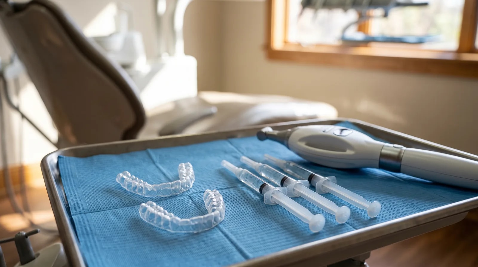 Whitening trays, gel syringes, and an in-office LED light arranged on a clinical tray