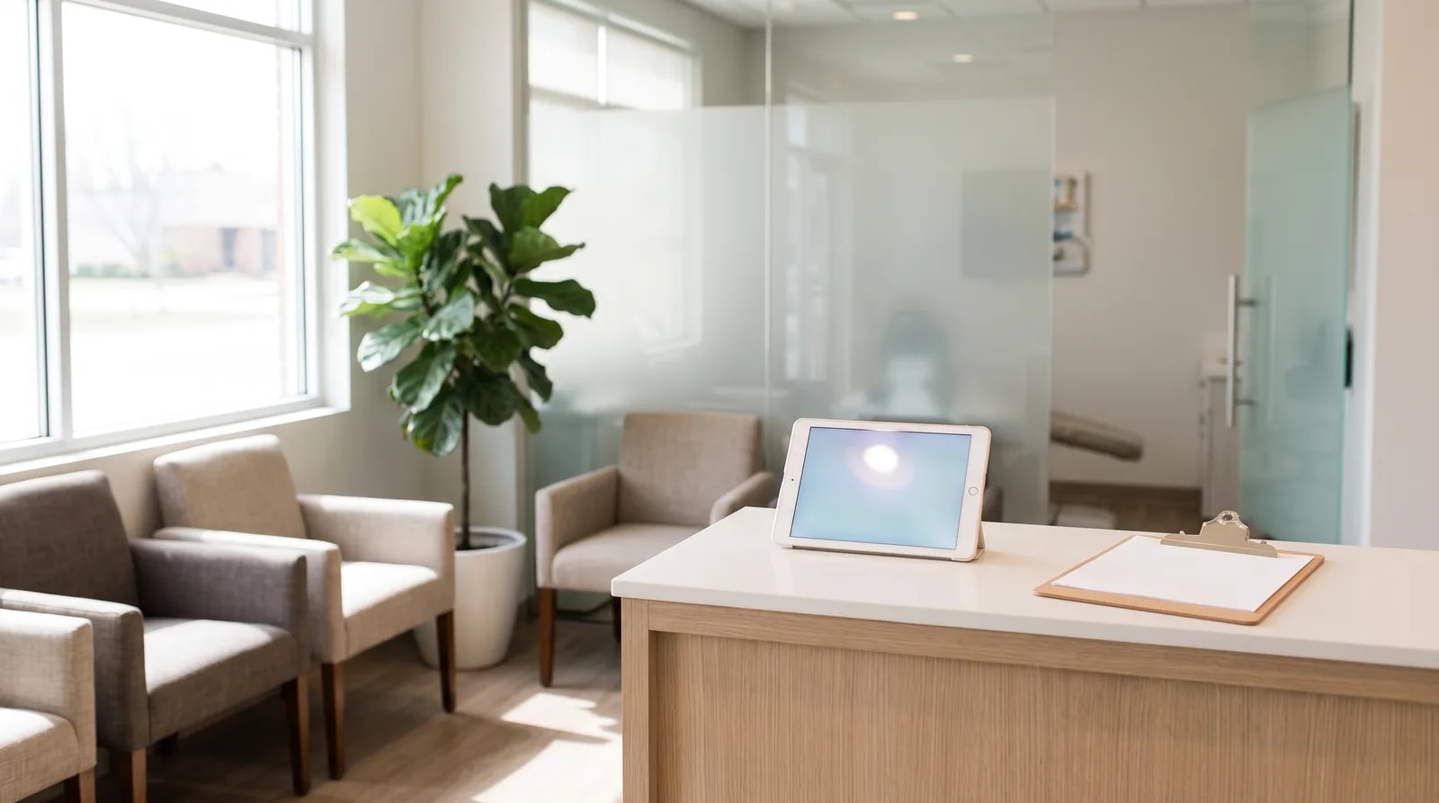 Reception desk and waiting area of a modern dental office set up for a new patient visit